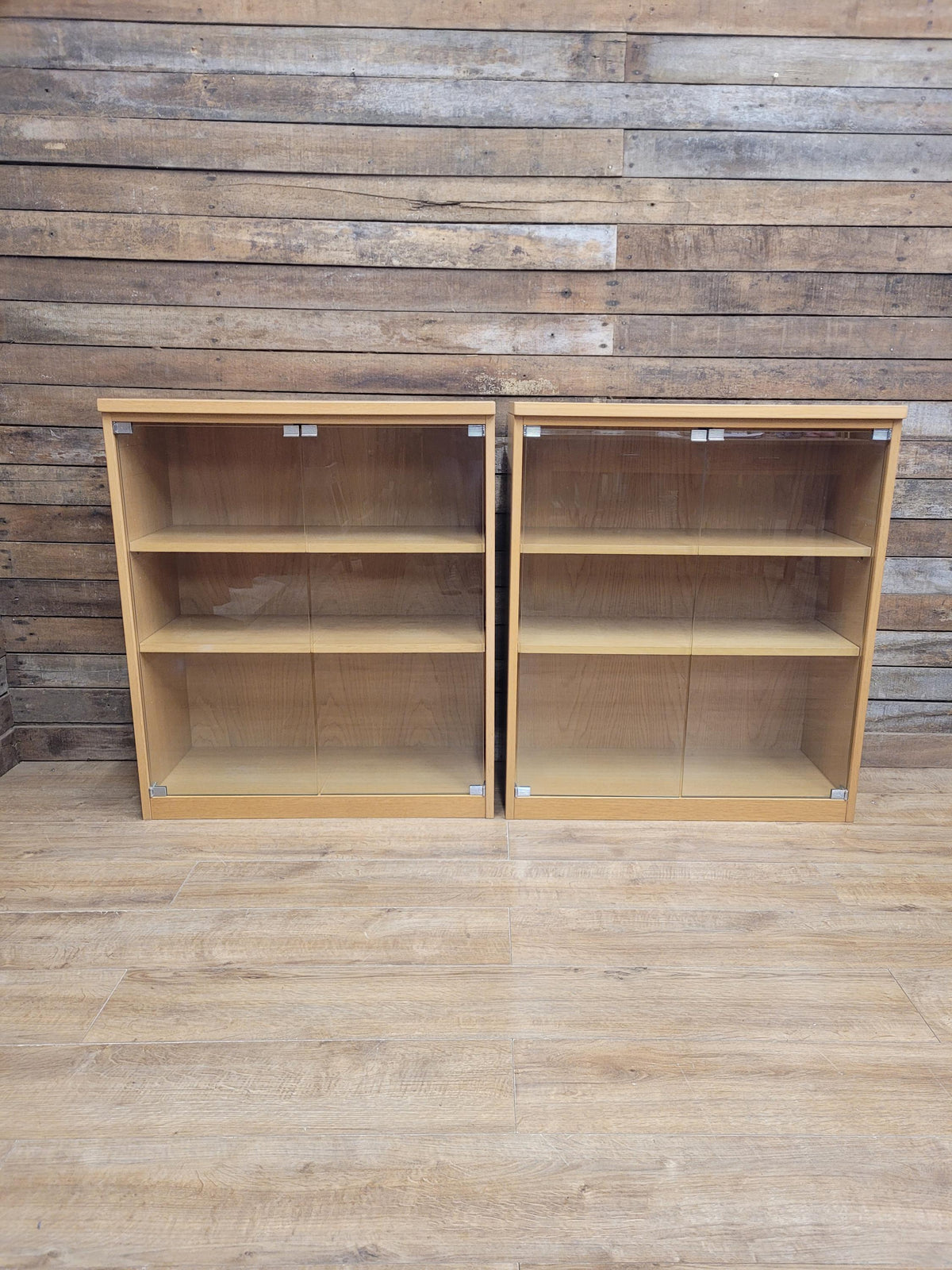 Oak Effect Glazed Display Cabinet Adjustable Shelves Two Available