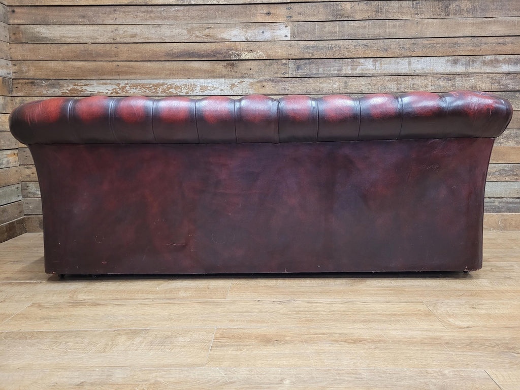 Oxblood Leather Chesterfield Three Seater Sofa Deep Buttoned Vintage