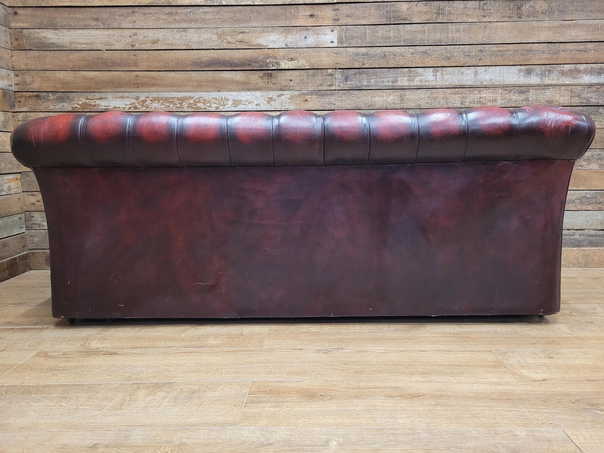 Oxblood Leather Chesterfield Three Seater Sofa Deep Buttoned Vintage