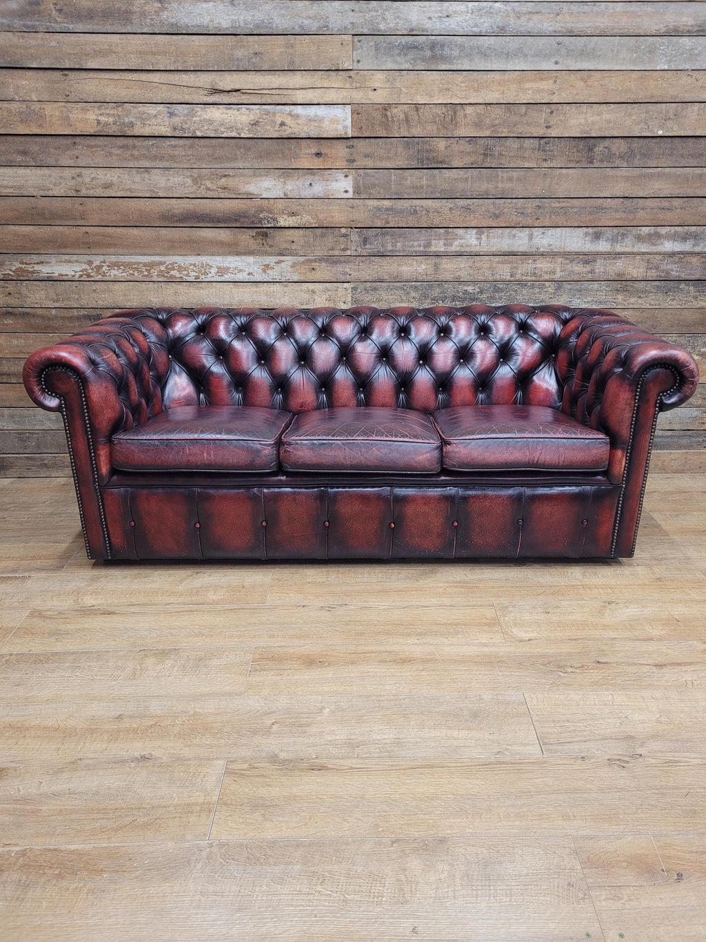 Oxblood Leather Chesterfield Three Seater Sofa Deep Buttoned Vintage