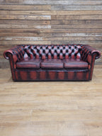 Oxblood Leather Chesterfield Three Seater Sofa Deep Buttoned Vintage