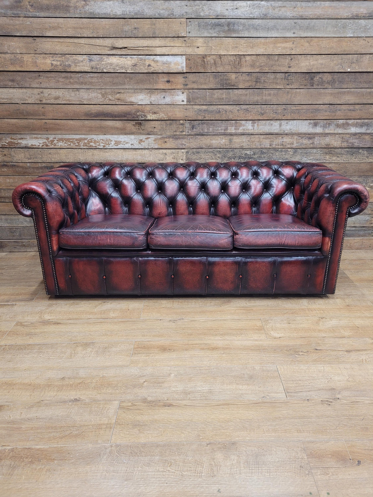 Oxblood Leather Chesterfield Three Seater Sofa Deep Buttoned Vintage