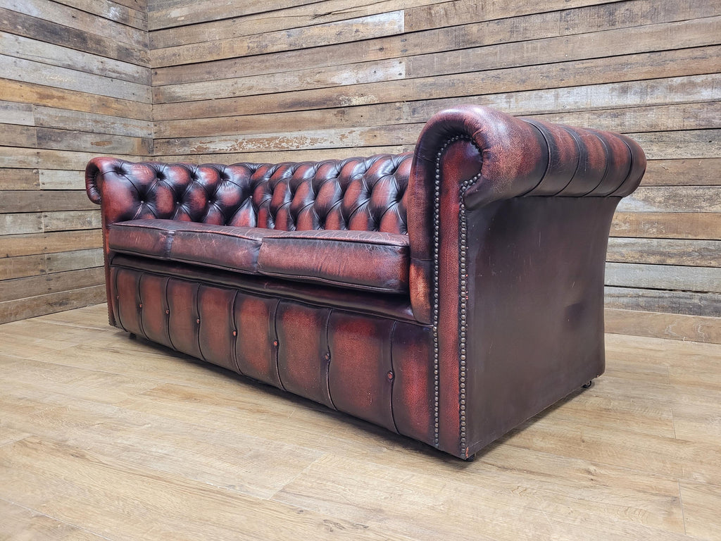Oxblood Leather Chesterfield Three Seater Sofa Deep Buttoned Vintage