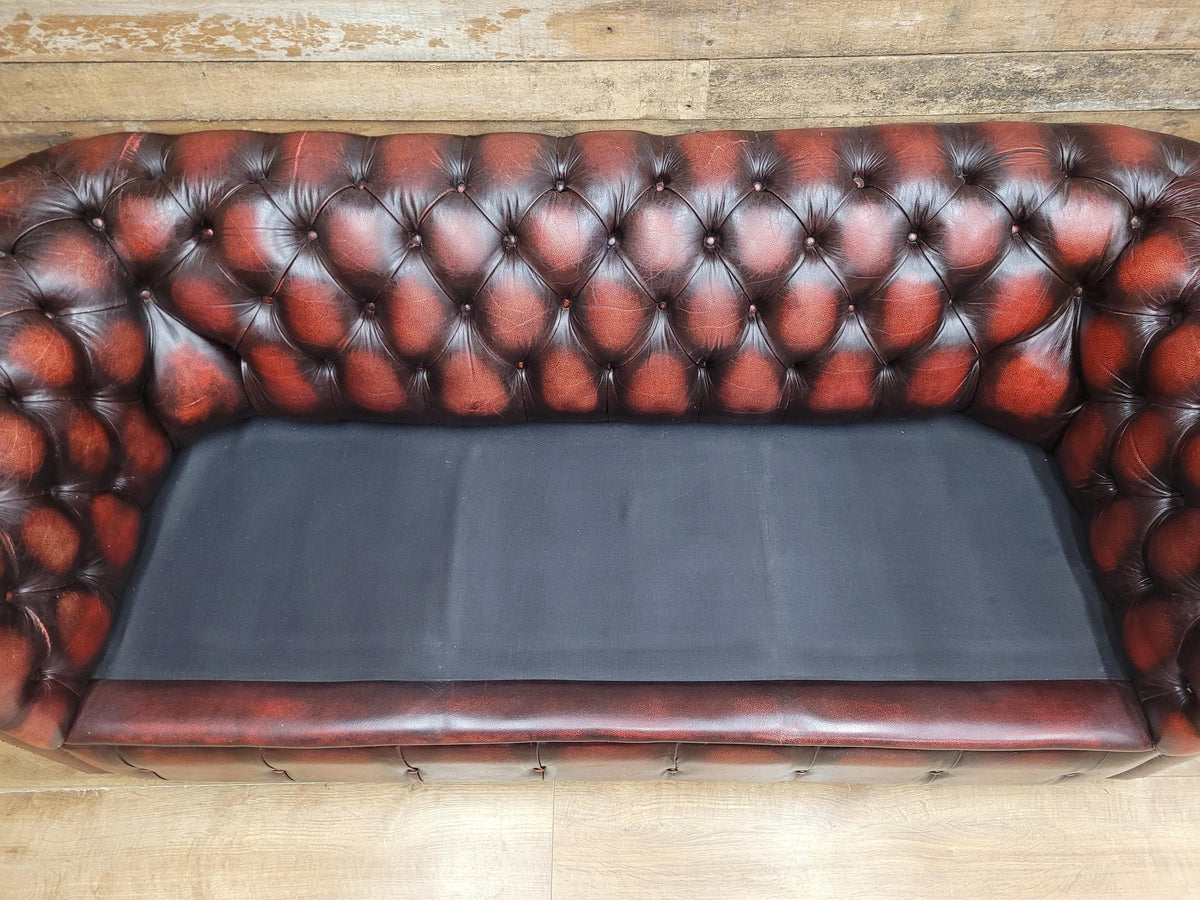 Oxblood Leather Chesterfield Three Seater Sofa Deep Buttoned Vintage