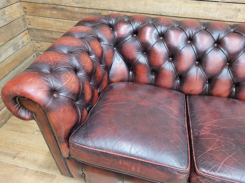 Oxblood Leather Chesterfield Three Seater Sofa Deep Buttoned Vintage