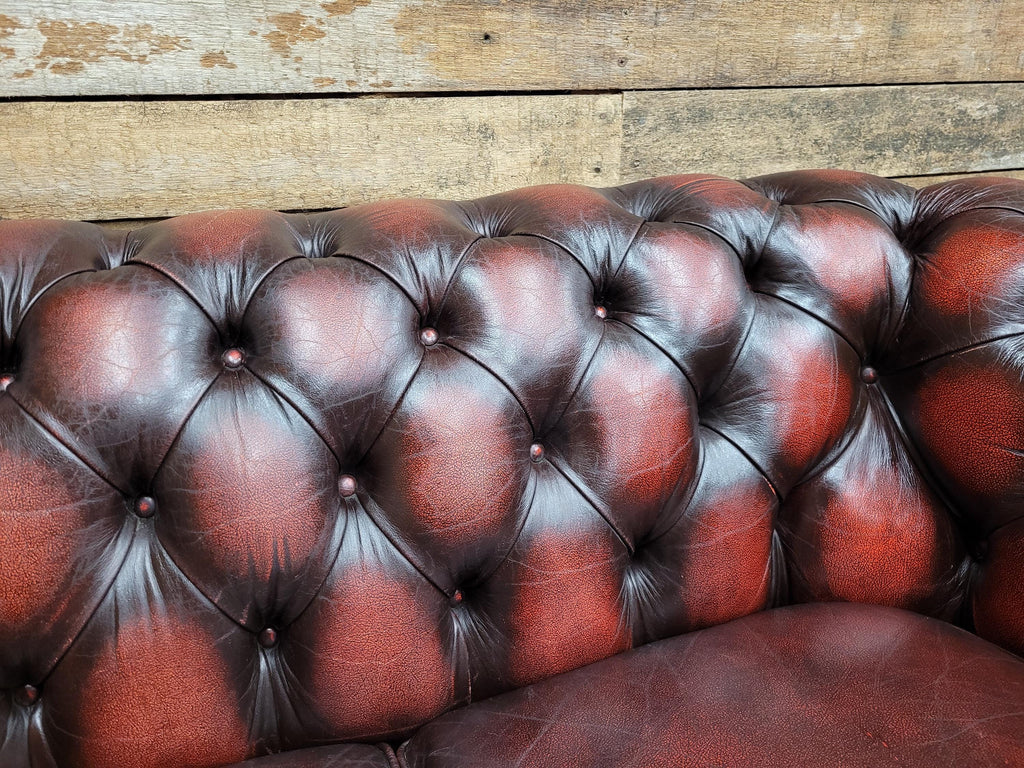 Oxblood Leather Chesterfield Three Seater Sofa Deep Buttoned Vintage