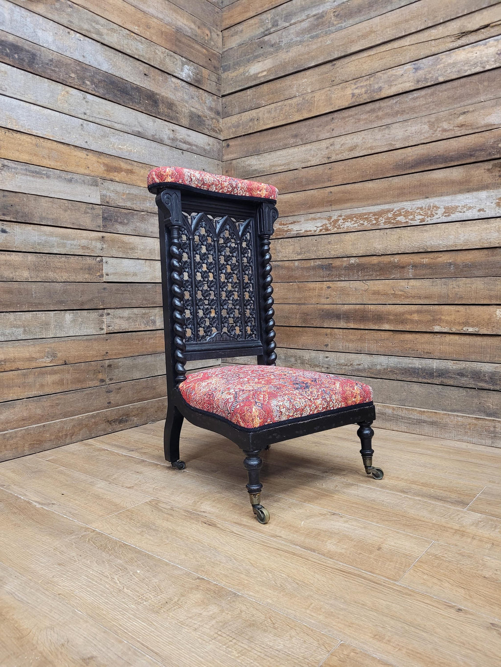 Victorian Ebonised Gothic Revival Nursing Chair Moroccan Fabric Brass Castors