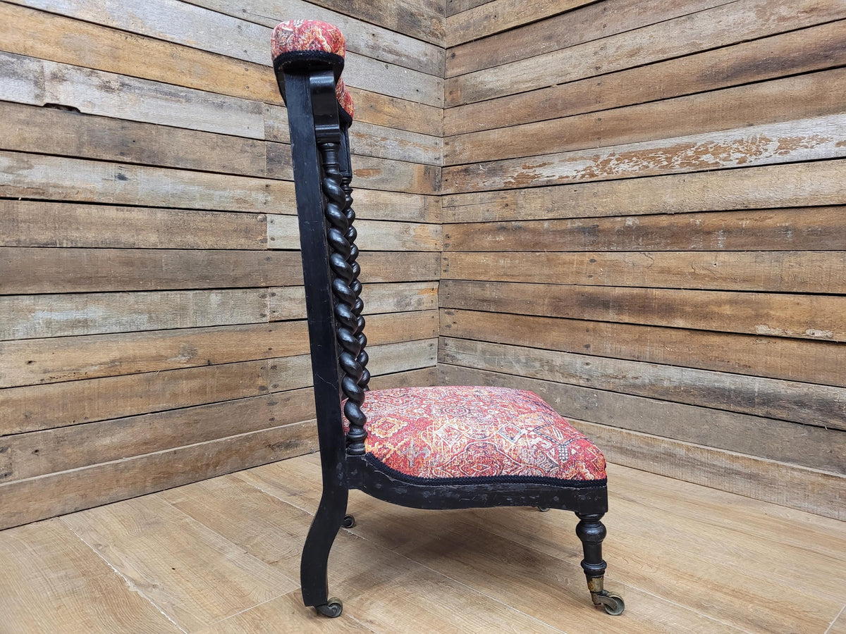 Victorian Ebonised Gothic Revival Nursing Chair Moroccan Fabric Brass Castors