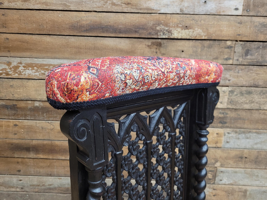 Victorian Ebonised Gothic Revival Nursing Chair Moroccan Fabric Brass Castors