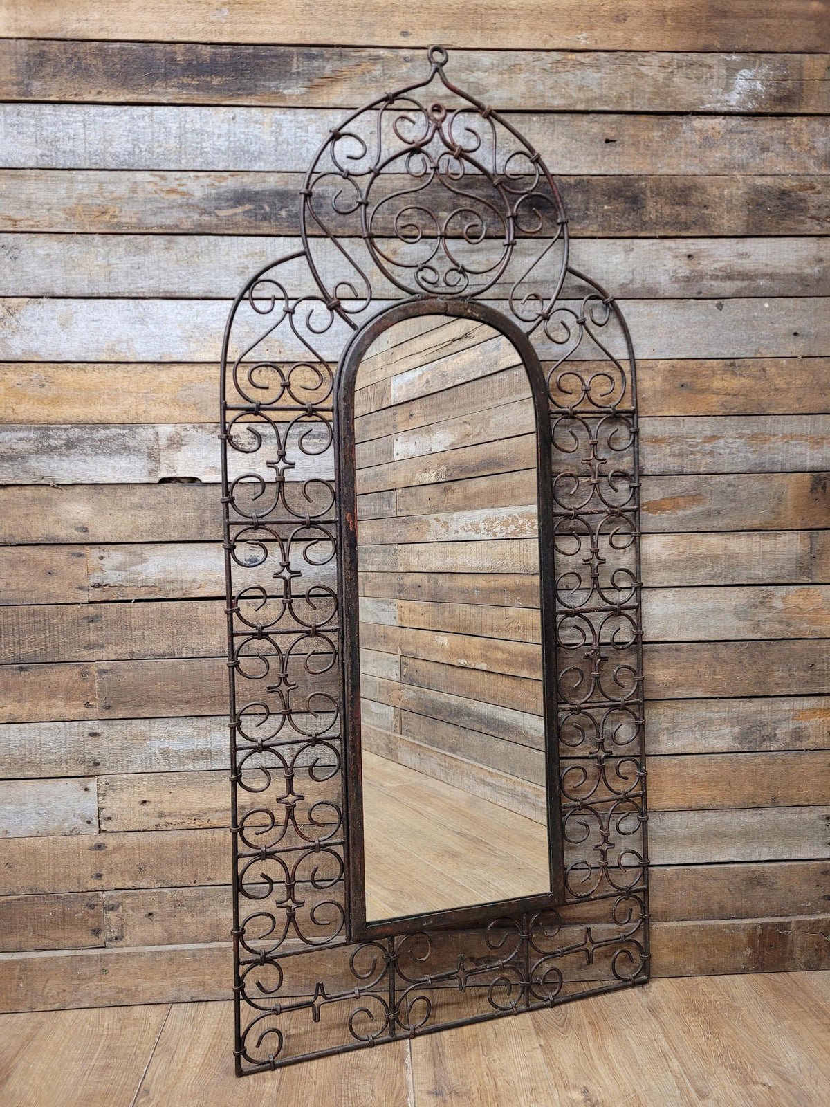 Reclaimed Architectural Wrought Iron Grille Mirror Early Mid Century