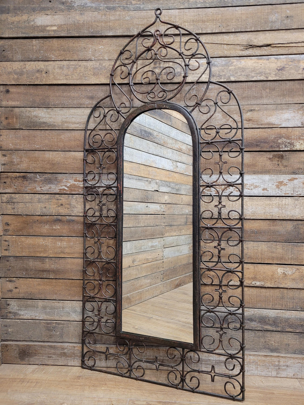 Reclaimed Architectural Wrought Iron Grille Mirror Early Mid Century