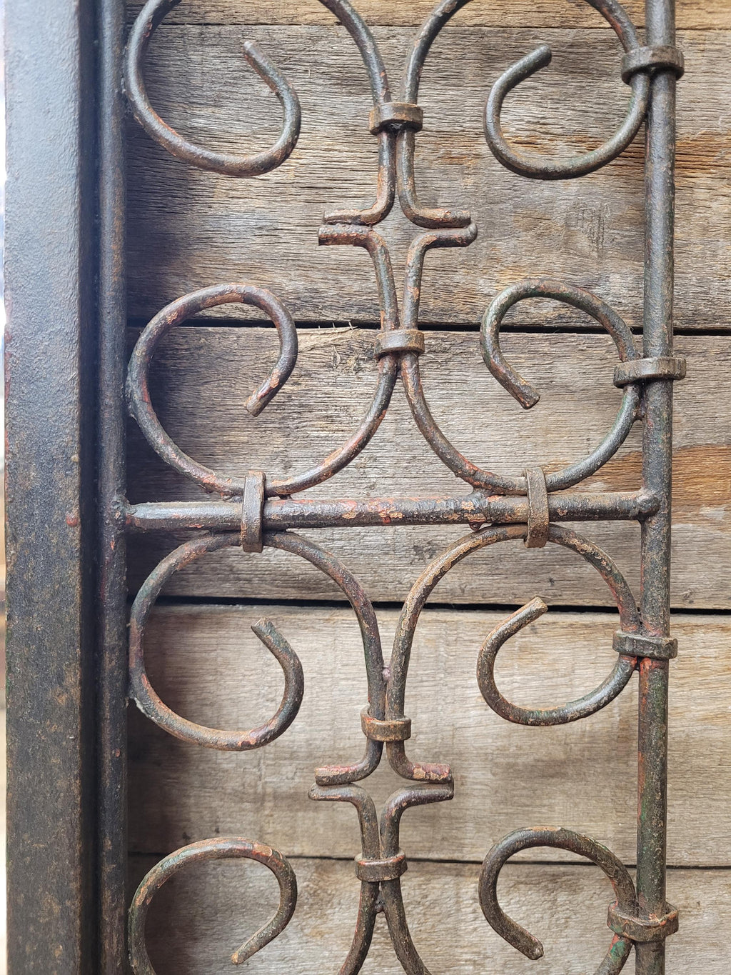 Reclaimed Architectural Wrought Iron Grille Mirror Early Mid Century