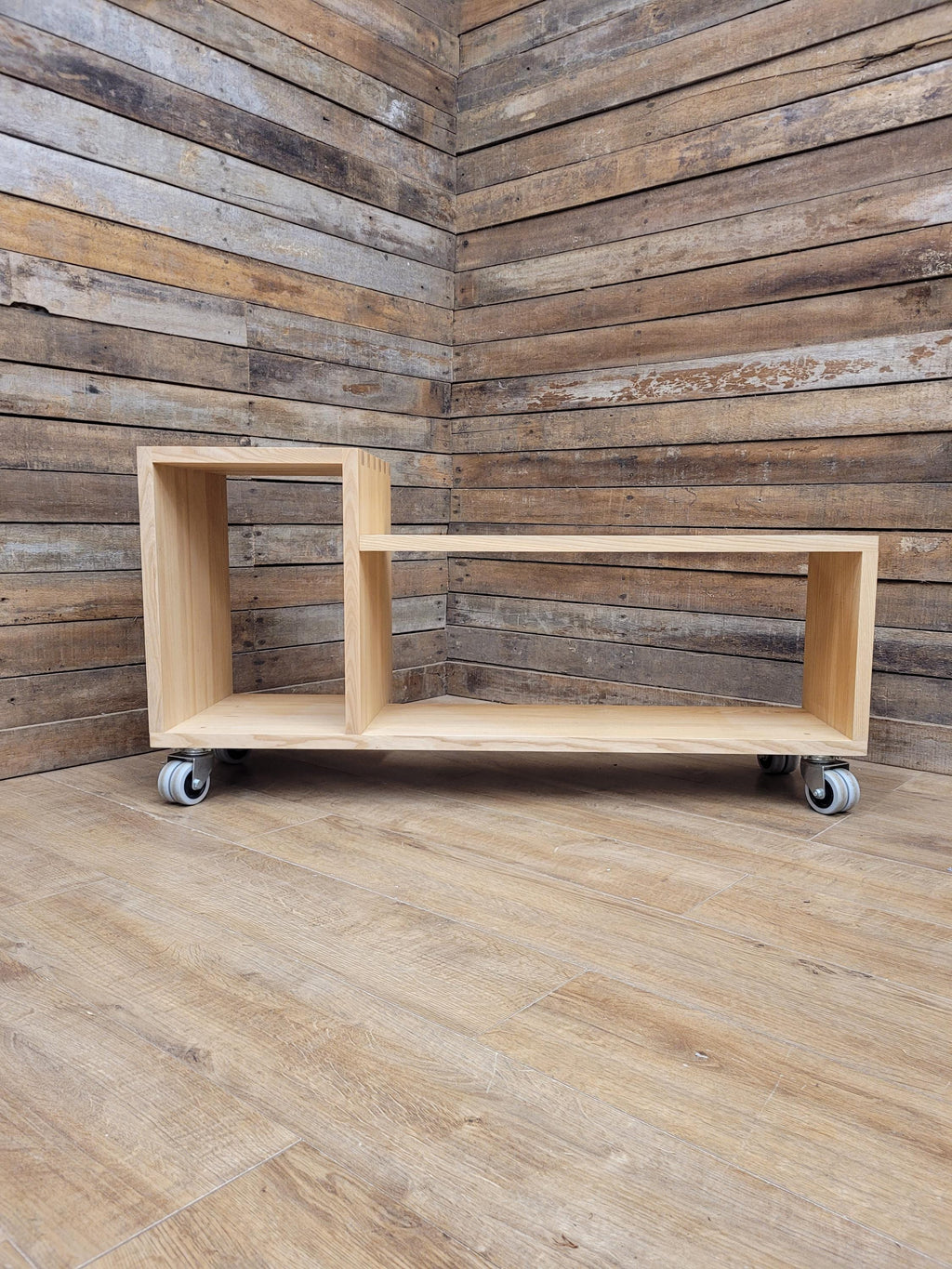 Solid Oak Finger Joint Media Unit TV Stand Industrial Castors