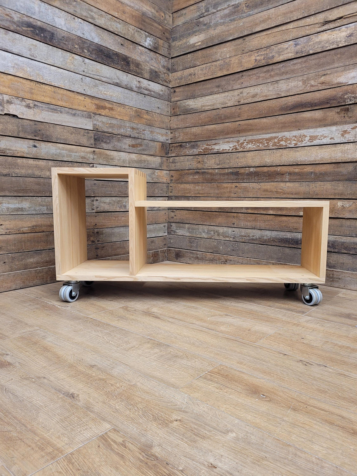 Solid Oak Finger Joint Media Unit TV Stand Industrial Castors
