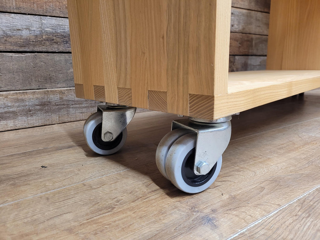 Solid Oak Finger Joint Media Unit TV Stand Industrial Castors