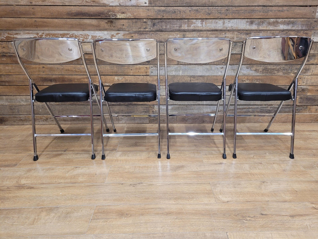 Four Mid Century Chrome Folding Chairs Black Vinyl Space Age MCM Retro Chic