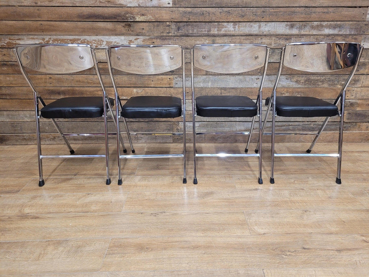 Four Mid Century Chrome Folding Chairs Black Vinyl Space Age MCM Retro Chic