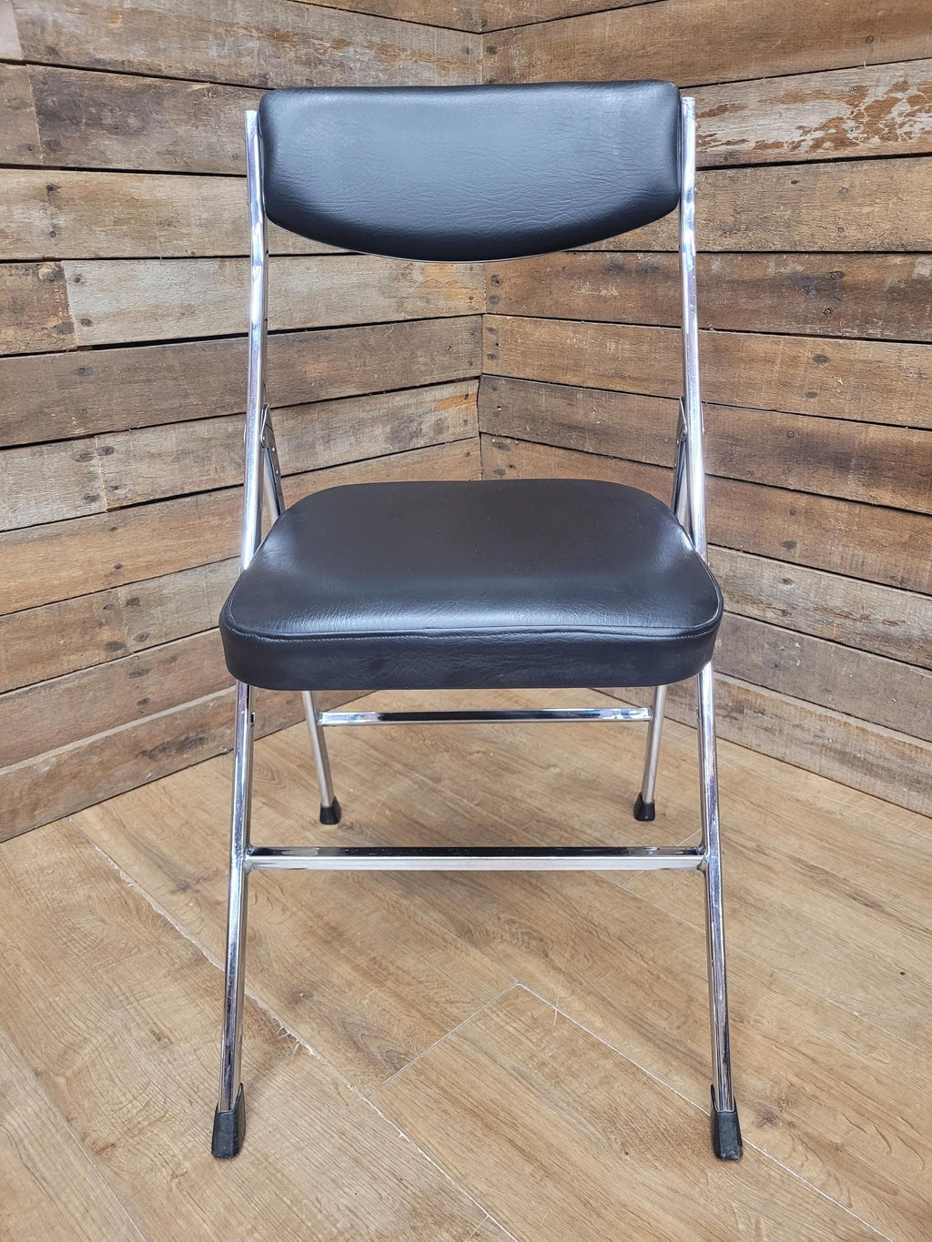 Four Mid Century Chrome Folding Chairs Black Vinyl Space Age MCM Retro Chic