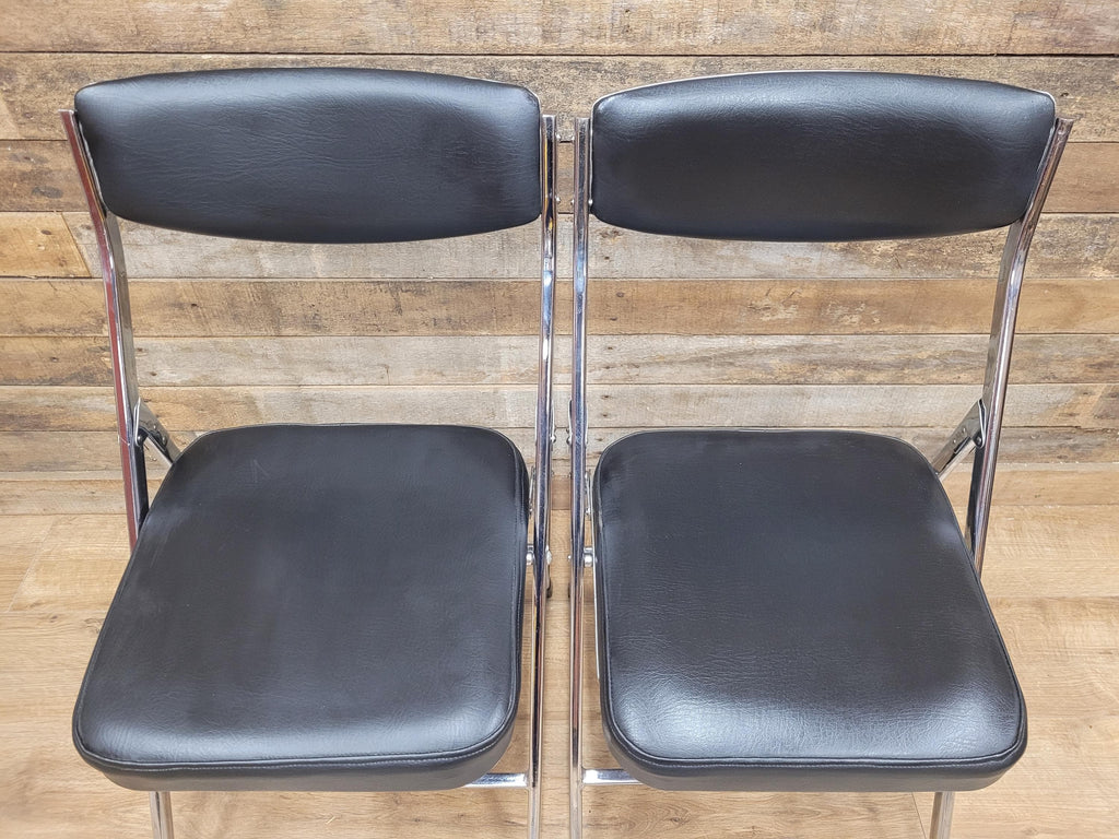 Four Mid Century Chrome Folding Chairs Black Vinyl Space Age MCM Retro Chic