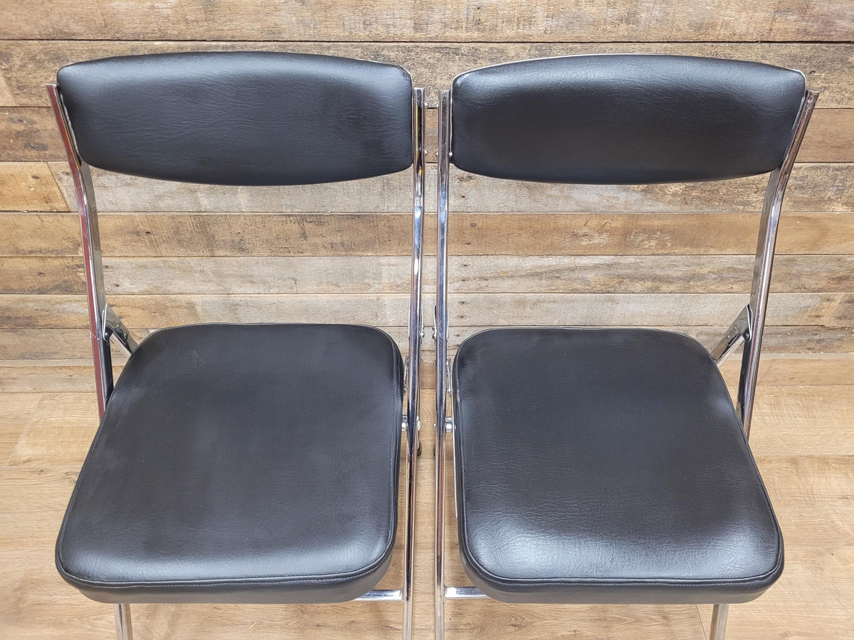 Four Mid Century Chrome Folding Chairs Black Vinyl Space Age MCM Retro Chic