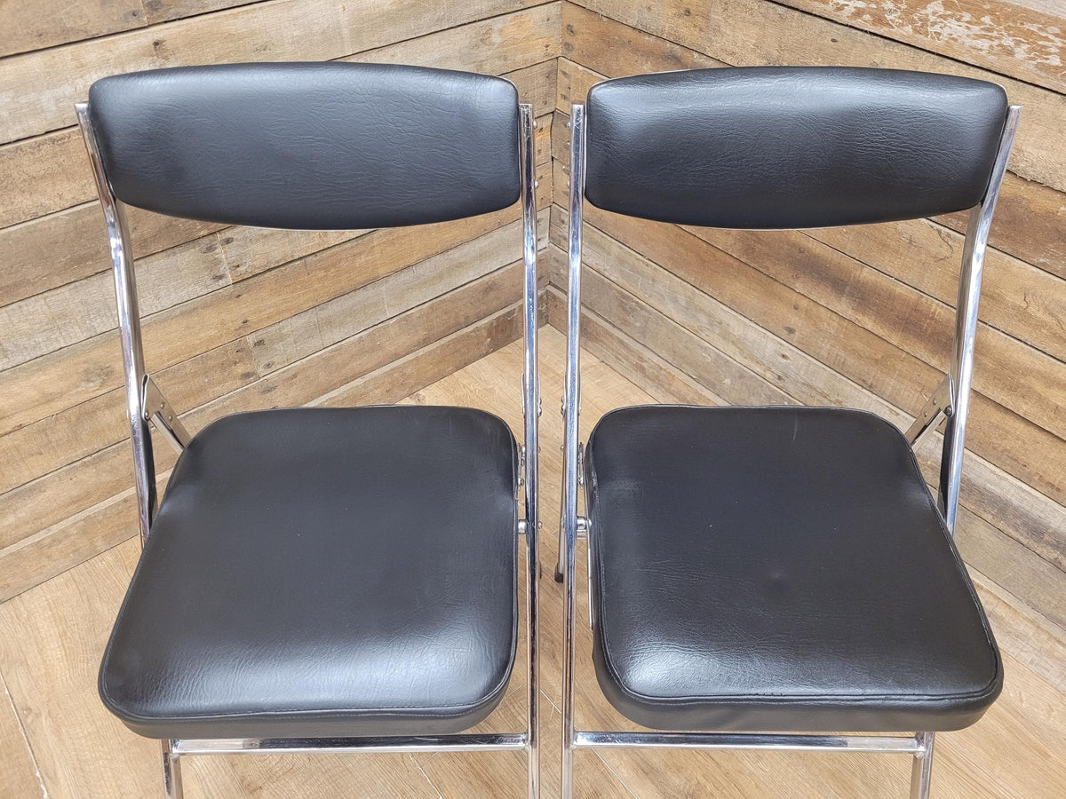 Four Mid Century Chrome Folding Chairs Black Vinyl Space Age MCM Retro Chic
