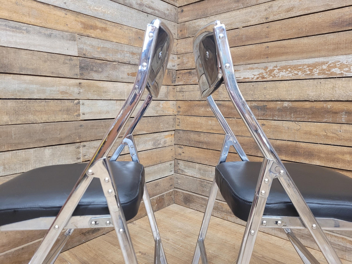 Four Mid Century Chrome Folding Chairs Black Vinyl Space Age MCM Retro Chic