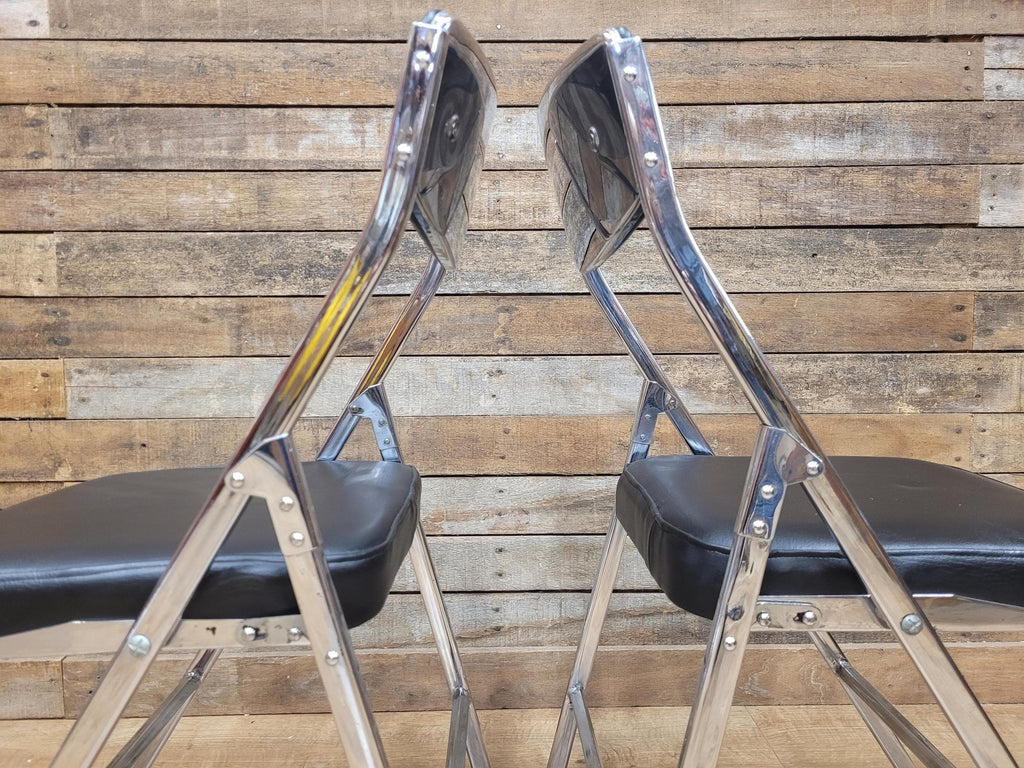 Four Mid Century Chrome Folding Chairs Black Vinyl Space Age MCM Retro Chic