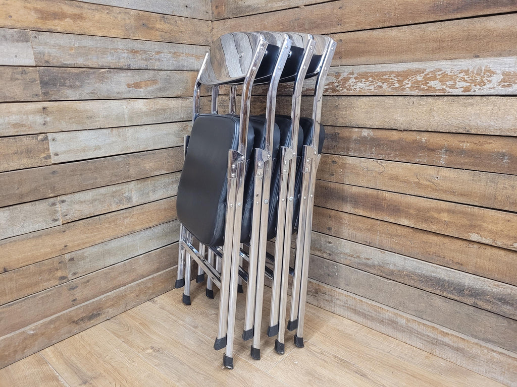 Four Mid Century Chrome Folding Chairs Black Vinyl Space Age MCM Retro Chic