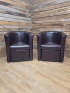 Pair Brown Faux Leather Tub Chairs With Matching Footstools