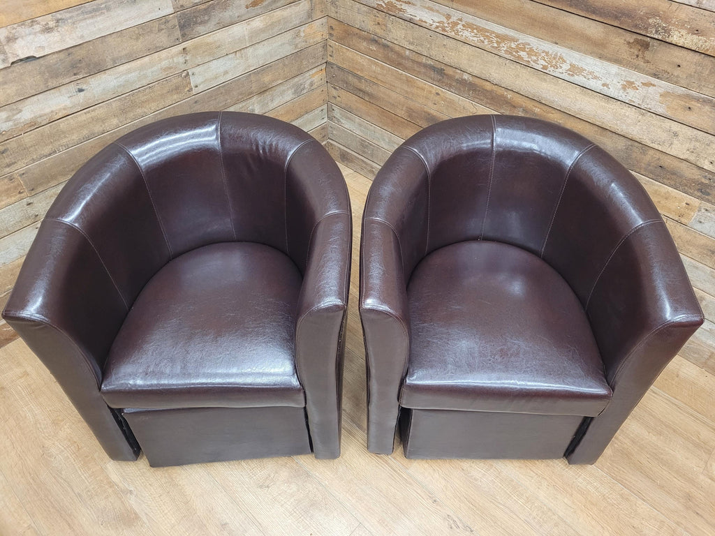 Pair Brown Faux Leather Tub Chairs With Matching Footstools