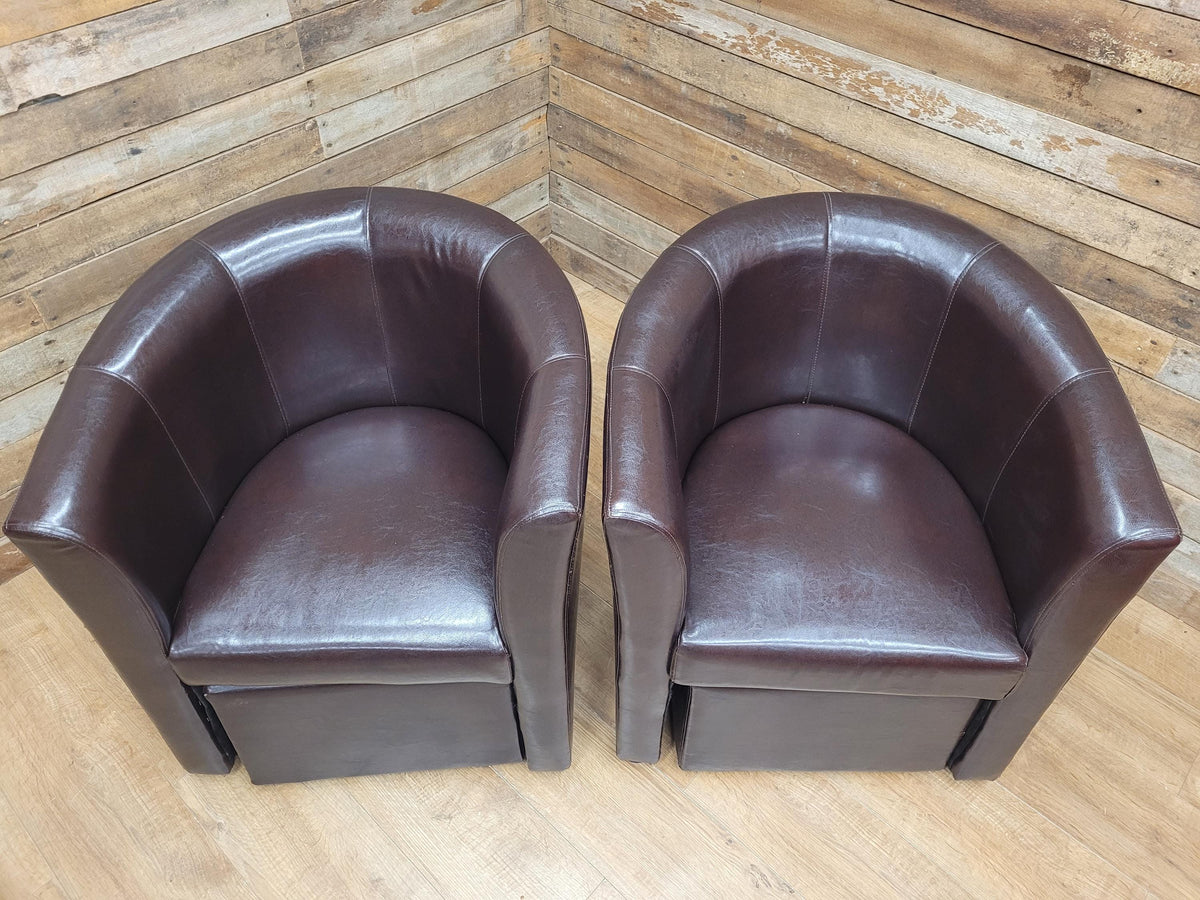 Pair Brown Faux Leather Tub Chairs With Matching Footstools