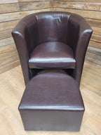 Pair Brown Faux Leather Tub Chairs With Matching Footstools