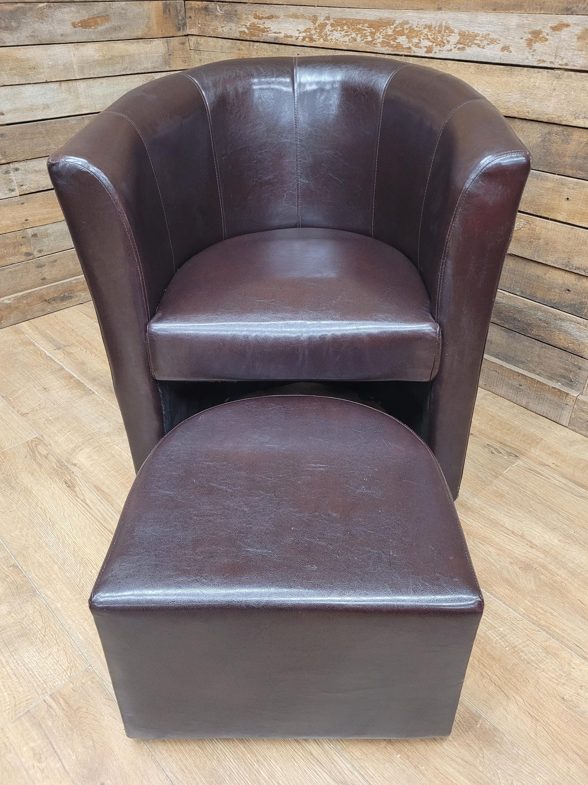 Pair Brown Faux Leather Tub Chairs With Matching Footstools