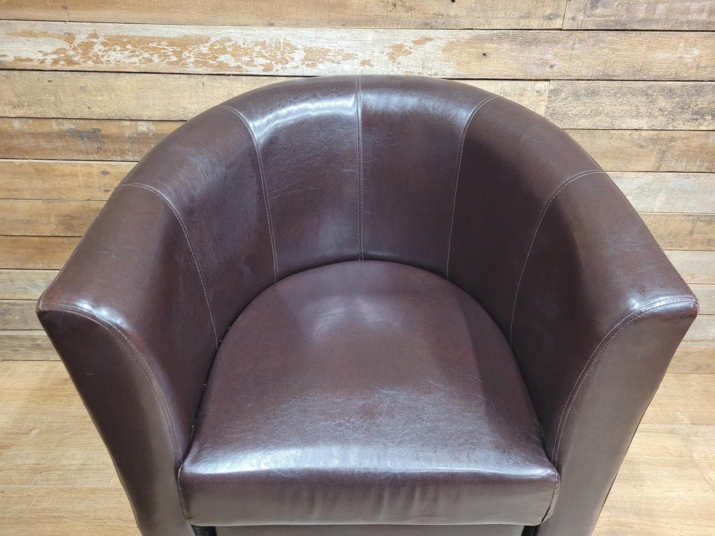 Pair Brown Faux Leather Tub Chairs With Matching Footstools