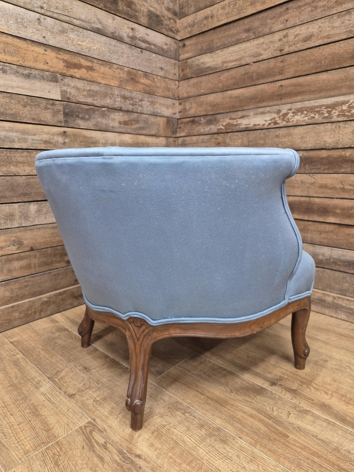 French Louis XV Style Walnut Tub Armchair Blue Upholstery