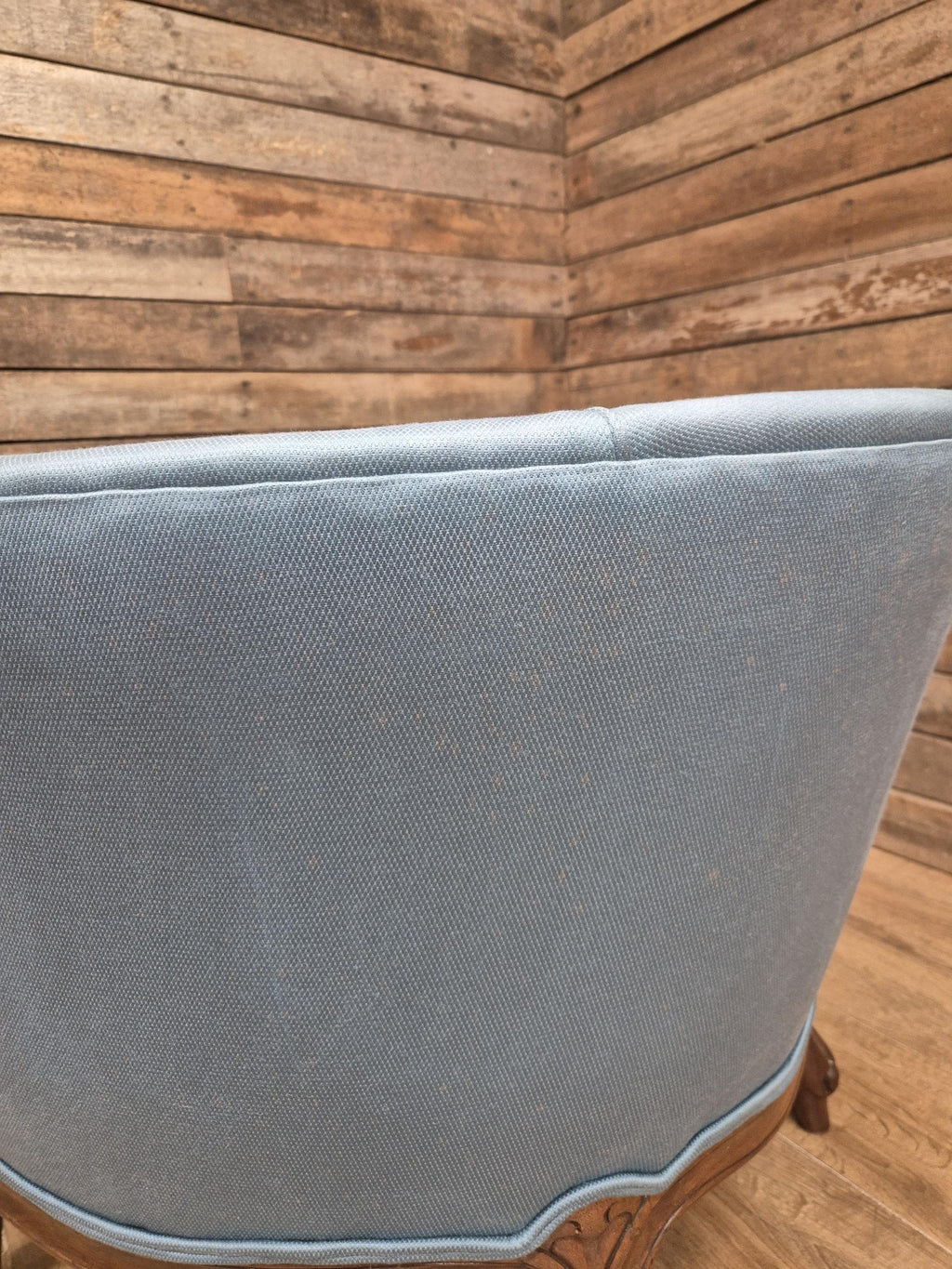 French Louis XV Style Walnut Tub Armchair Blue Upholstery