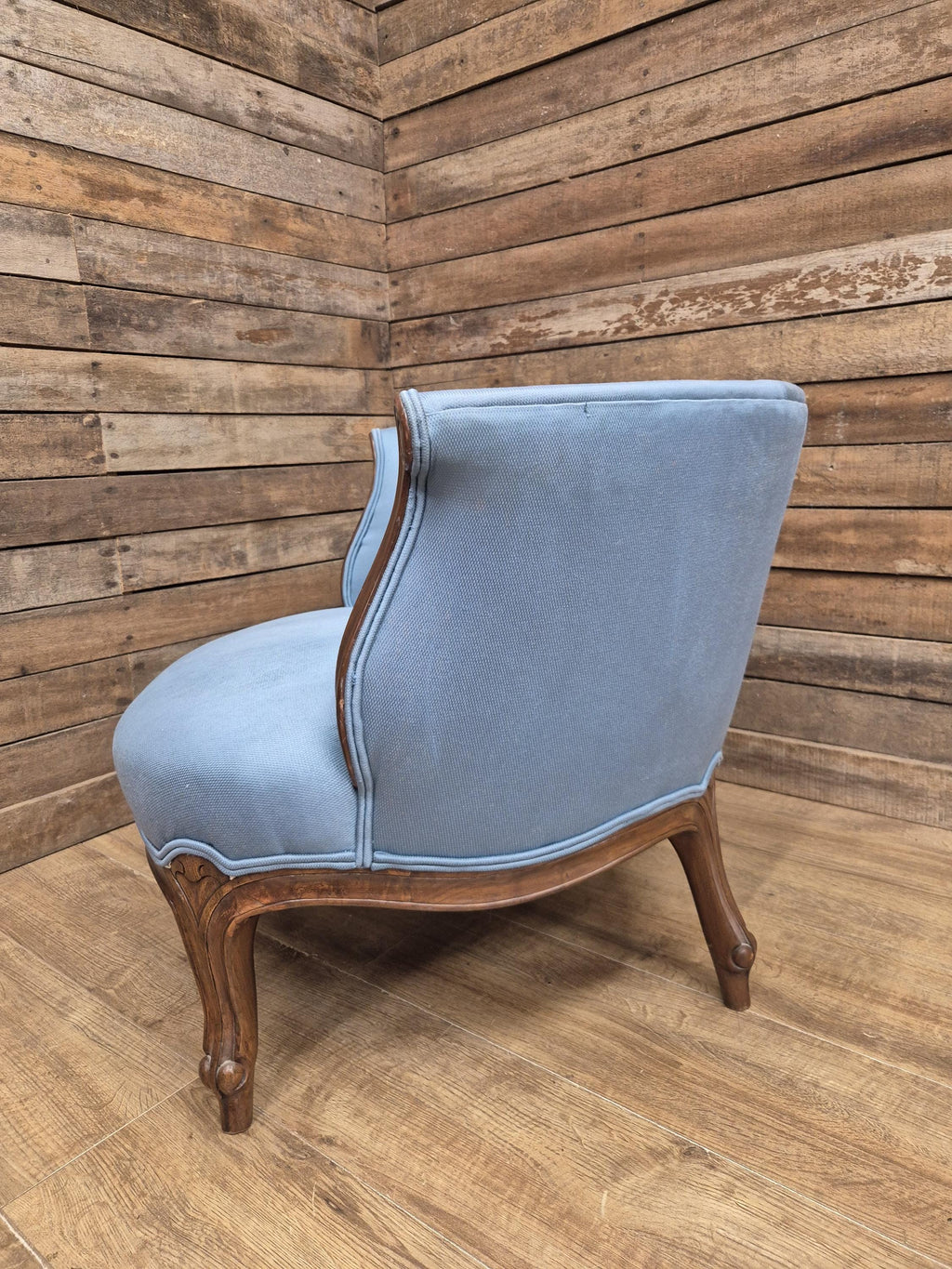 French Louis XV Style Walnut Tub Armchair Blue Upholstery