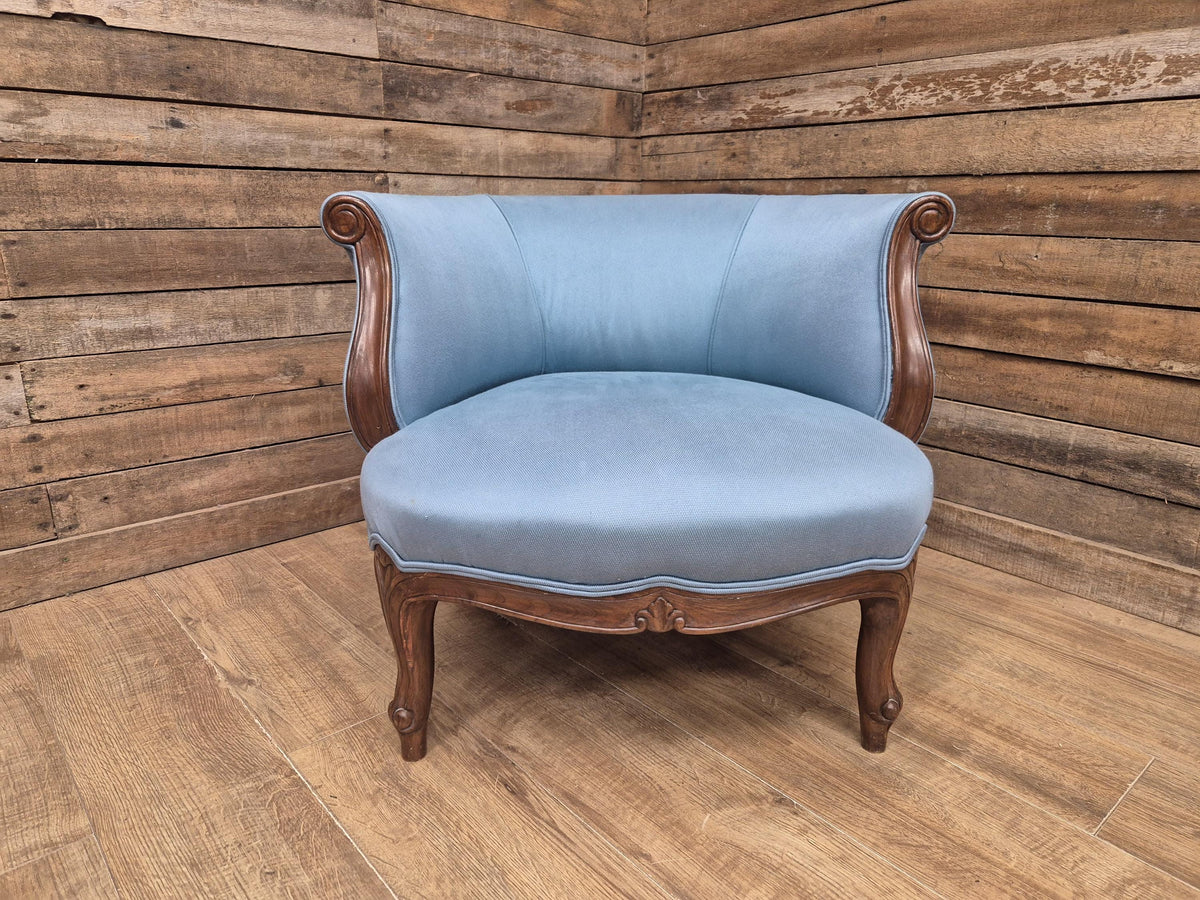 French Louis XV Style Walnut Tub Armchair Blue Upholstery