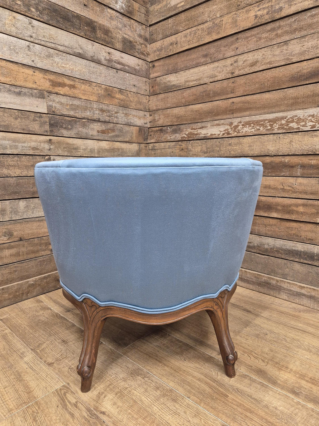 French Louis XV Style Walnut Tub Armchair Blue Upholstery