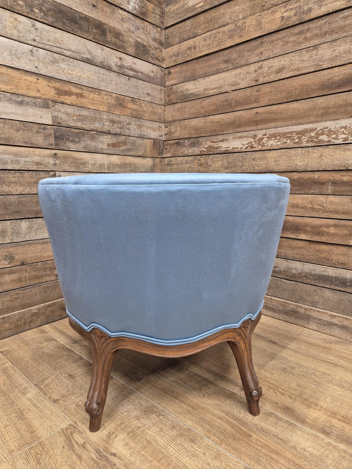 French Louis XV Style Walnut Tub Armchair Blue Upholstery