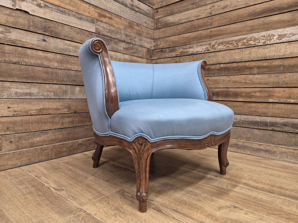 French Louis XV Style Walnut Tub Armchair Blue Upholstery