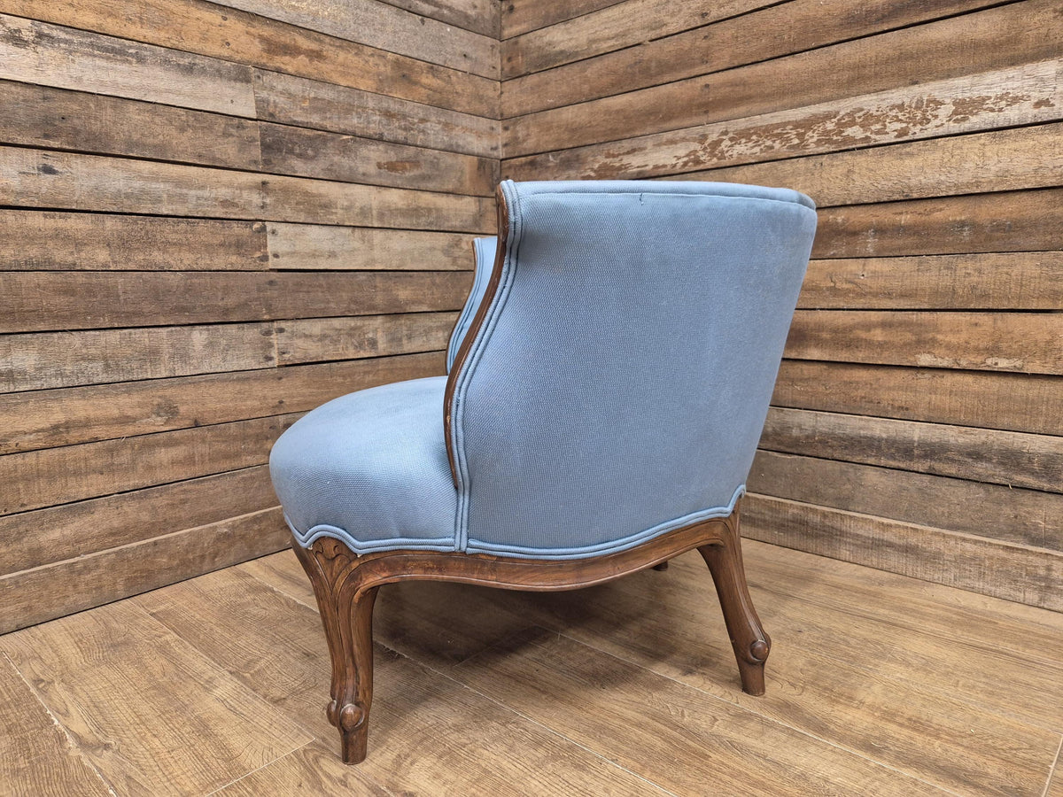 French Louis XV Style Walnut Tub Armchair Blue Upholstery
