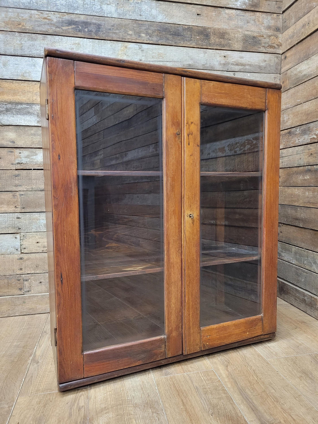 Vintage Pine Glazed Display Cabinet Two Doors Rustic Bookcase