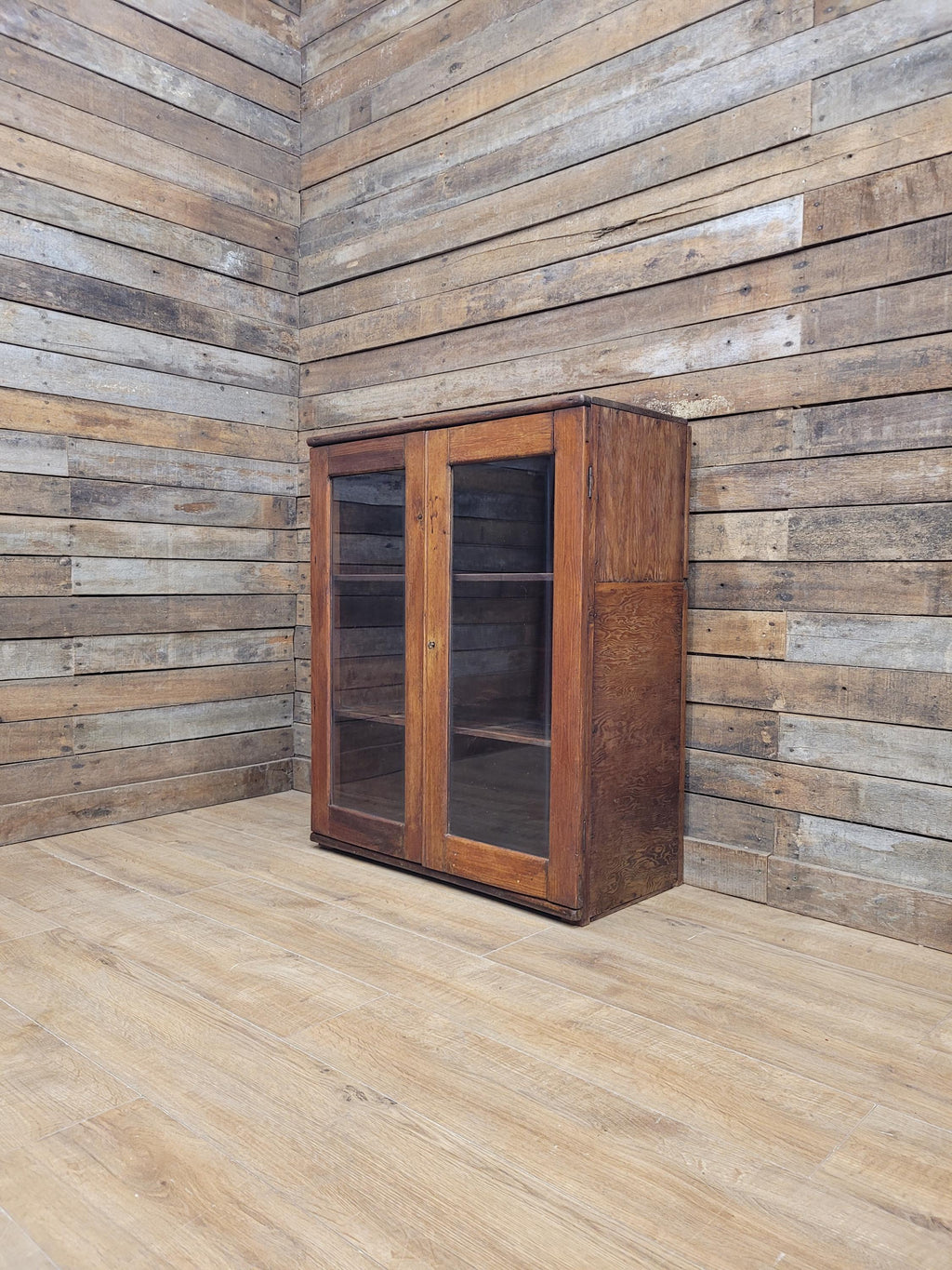 Vintage Pine Glazed Display Cabinet Two Doors Rustic Bookcase