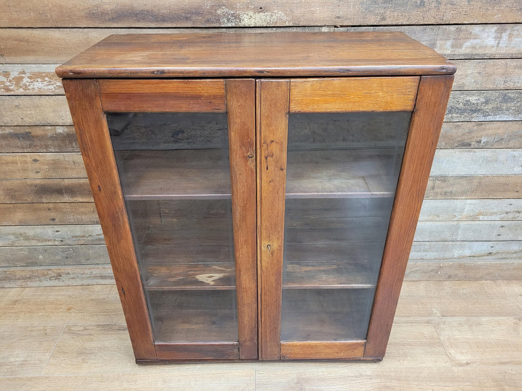 Vintage Pine Glazed Display Cabinet Two Doors Rustic Bookcase