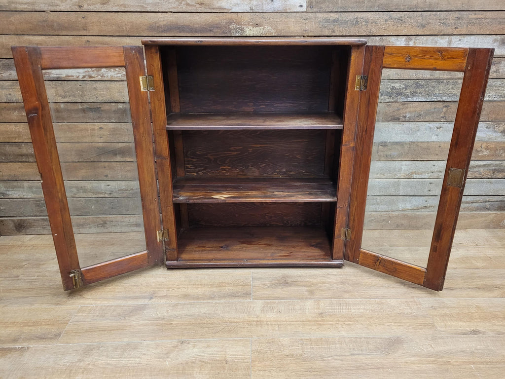 Vintage Pine Glazed Display Cabinet Two Doors Rustic Bookcase