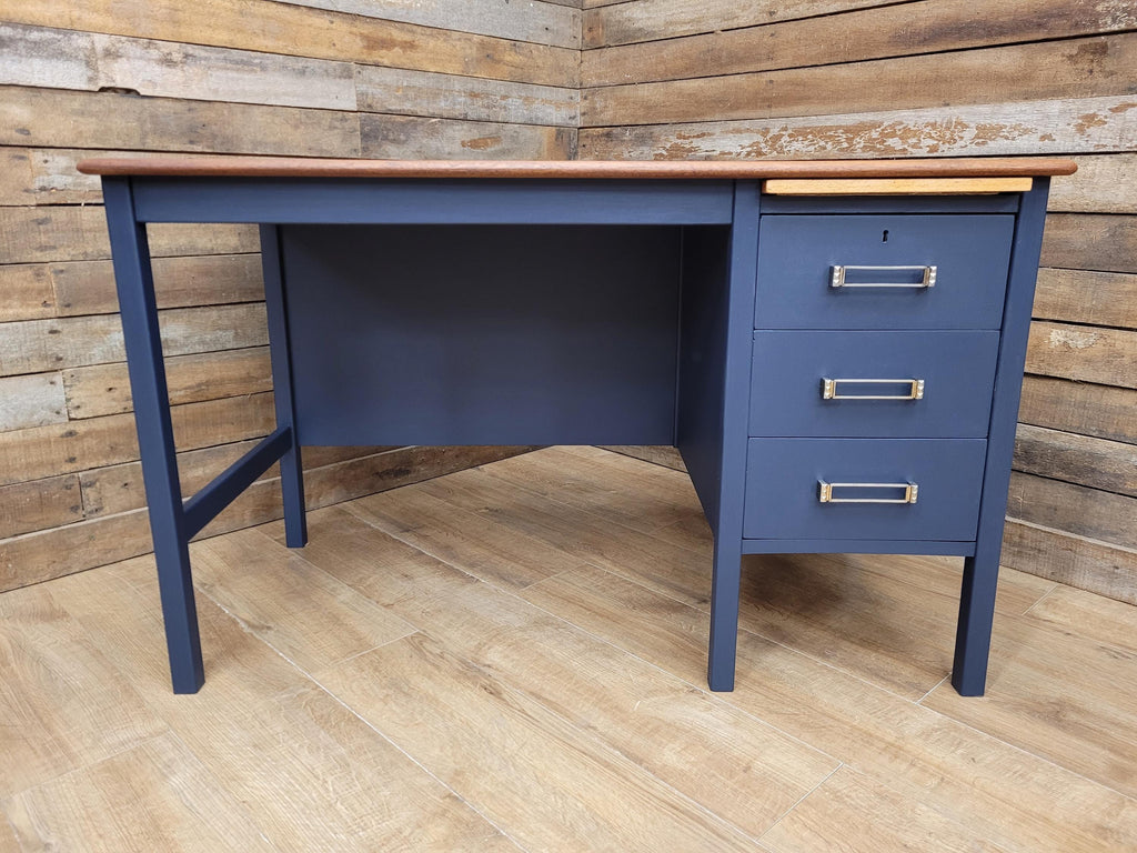 Vintage Teak Veneer Pedestal Desk Midnight Blue Three Drawers