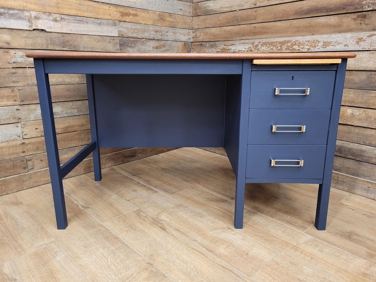 Vintage Teak Veneer Pedestal Desk Midnight Blue Three Drawers
