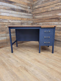 Vintage Teak Veneer Pedestal Desk Midnight Blue Three Drawers