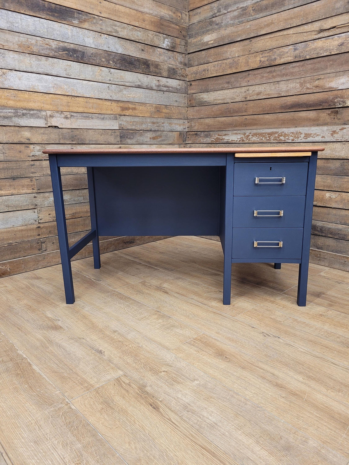 Vintage Teak Veneer Pedestal Desk Midnight Blue Three Drawers
